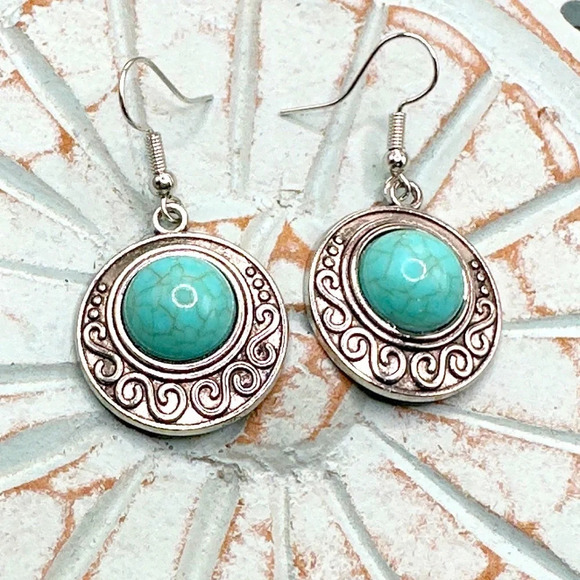 Turquoise and silver medium hoops/bohemian/western statement dangle earrings - Picture 1 of 6